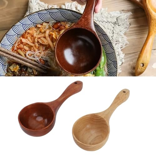 Lot de 2 Grandes Cuillères de Cuisine en Bois de 35,6 Cm, Faites à la Main avec Trous, Meilleure Louche en Bois pour la Cuisine, Cuillères à Long Manche, Grandes Louches à Soupe,