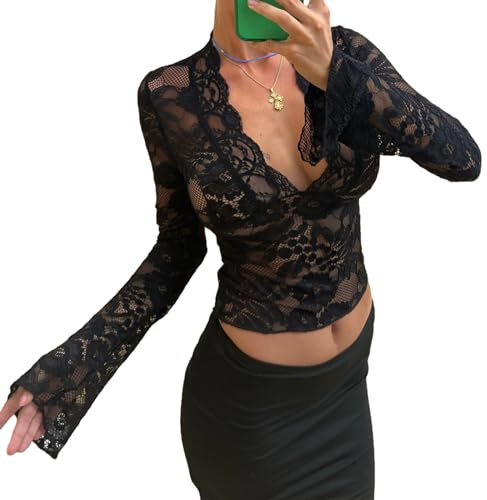 Yoisdtxc Y2k Women Floral Lace T Shirt Deep V Neck Sexy Crop Tops Long Flared Sleeve Sheer Lace Floral Slim T-Shirt(A-Black,Large)