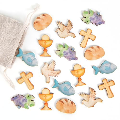 Logbuch-Verlag Kommunion Konfirmation Tischdeko Set 18 Deko christliche Symbole Streudeko Bastelzubehör aus Holz Kreuz Taube Kelch 3-4 cm