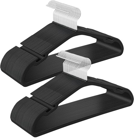 SONGMICS Clothes Hangers 50 Pack, Heavy-Duty Plastic Hangers, Coat Hangers with Wide Shoulder Notches, Pant Bar, 360° Swivel Hook, Space-Saving, 16.4 Inches, for Closet, Ink Black UCRP060B01