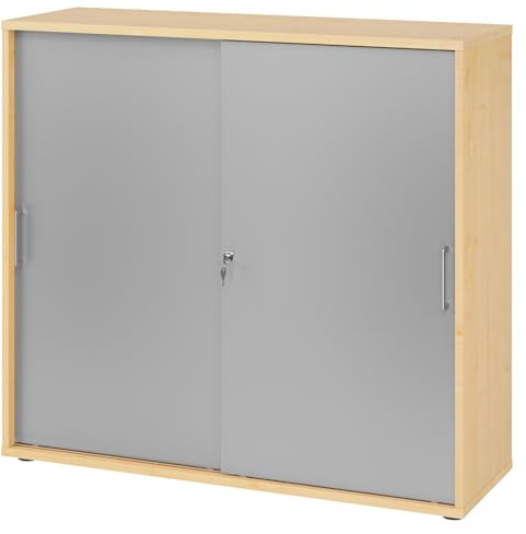 bümö Schiebetürenschrank 3OH - Aktenschrank abschließbar, Sideboard Schrank mit Schiebetüren in Ahorn/Silber, Bügelgriff - Büroschrank aus Holz mit Schiebetür, Büro Kommode für Ordner & Co.