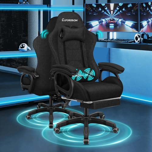 ELFORDSON Gaming Chair with 2-point Massage Lumbar Cushion, High Back PC Computer Game Chair, 150° Reclining Office Chair with Headrest & Footrest, 360° Swivel, Home Esports, Linen, Black