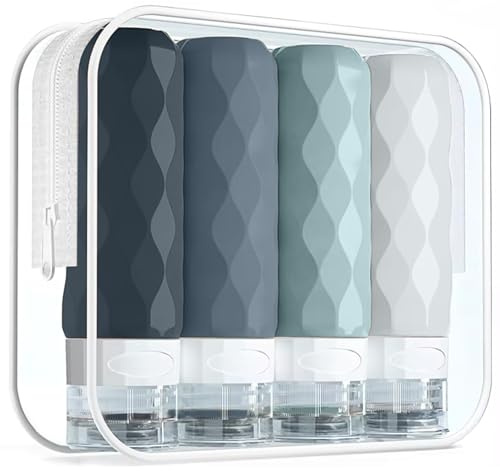 Silicone Travel Bottles for Toiletries with Clear Bag- 4 Pack Holiday Essentials Travel Bottles for Toiletries- Refillable Shampoo and Conditioner Bottle -Leakproof, Squeezy Travel Accessories