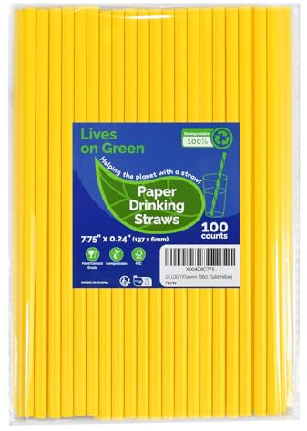 Lives on Green Solid Yellow Disposable Paper Straws 19.7cm Pack of 100 - for Drinks, Birthday, Party, DIY Crafts