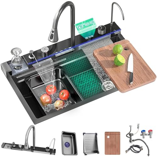 Ribanedy 80 cm Fregadero de cascada digital multifuncional, fregadero cocina 1 seno inoxidable de un solo tazón con grifo de cascada extraíble, lavavasos y juego de accesorios para fregadero
