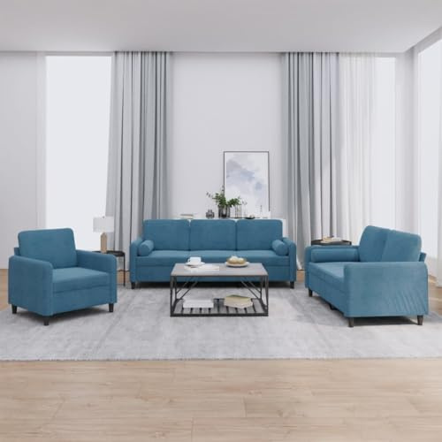 Brokky 3-TLG. Sofagarnitur mit Kissen Sofa Wohnzimmer Sitzgruppe Wohnzimmer Sofa Set Sofas FüR Wohnzimmer Blau Samt