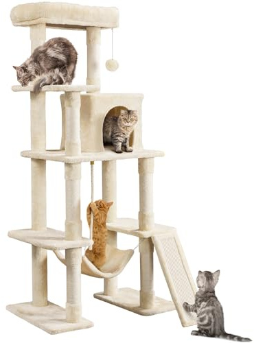 Yaheetech 159 cm H Tall Cat Tree, Condo, Hammock & Sisal Ramp, Beige | Cat Tower for Indoor Cats, FSC-certified Wood, 7 Sisal Scratching Posts, Dual Base, Multi-Cat Layout