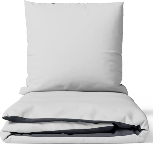 Leonado Vicenti Bettwäsche 2teilig Bettbezug - Bettwäsche-Sets 135x200 mit Kissenbezug 80x80 cm, ÖKO-TEX Baumwoll-Satin Grau für Einzelbett mit Reißverschluss