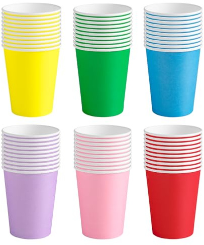 Maxi Products - 60 vaso de cartón colores - 270ml (9oz) - Vasos Cumpleaños Desechable Reciclable - Apto bebidas calientes y frías - Impermeable - Take Away y Eventos - VASOS DE COLORES