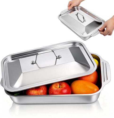 NOLITOY Plat Inox Rectangulaire Avec Couvercle Plat À Rôtir Profond 15.75 X 9.65 X 4.53 in Pour Poisson Pizza Et Gâteaux Four Et Barbecue