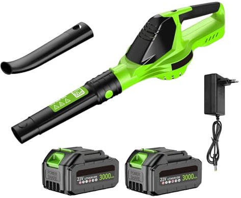 21V 3000W Souffleur à Feuilles Sans Fil, 100 MPH/18000 RPM Souffleur éLectrique, Avec 3.0Ah Batterie, 5 Vitesses, Recharge Rapide En 2h, Pour Le Nettoyage De Feuilles, PoussièRe Et Neige (2 Batteries)