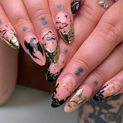 Auroriel 24 Stück Mittelgroße Mandel Press On Nägel Halloween Drache Fledermaus Gilding French Tip Schwarze Goth Glitter Sterne Wiederverwendbare Gel Nägel