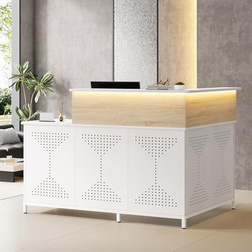 Scrivania da ricevimento a forma di L con luci LED, 152,4 cm, moderno, bancone da ufficio, elegante bianco e marrone chiaro, per corridoio, bar, salone di bellezza, area reception
