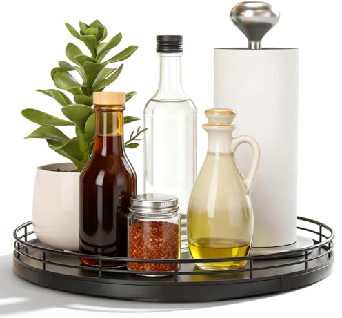 10 Inch Lazy Susan Turntable, Black Rotating Spice Storage Rack Round Spices Racks Kitchen Cupboard Organiser Countertop Organizer for Bathroom Coffee