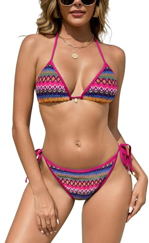 SHEKINI Triangel Bikini Damen Set Neckholder Bikinioberteil Verstellbare Bademode Unterteil Seitlicher Schnürung Zweiteiliger Badeanzug