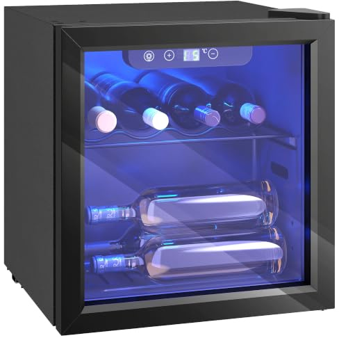 HOMCOM Cave à Vin 12 Bouteilles 36L Température Réglable 4-16 °C Noir | Réfrigérateur à Vin et Boissons, Porte Réversible en Verre Trempé Double, Éclairage LED, Étagère Amovible