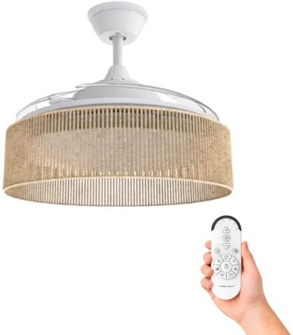 Mellerware - Ventilador de Techo con Luz y Lámpara Brizy Bright Rattan Sand | 3 Aspas 106 de Diámetro| 40 W | 6 Velocidades Ultra Silencioso | Función Verano-Invierno | Temporizador | LED