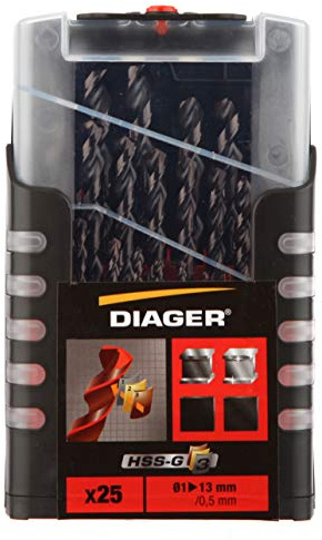 DIAGER – Brocas HSS G3 revestidas TialN – Estuche de 25 brocas – Resistente al calentamiento – Vida útil mejorada – Diámetro de 1 a 13 mm/0,5 mm