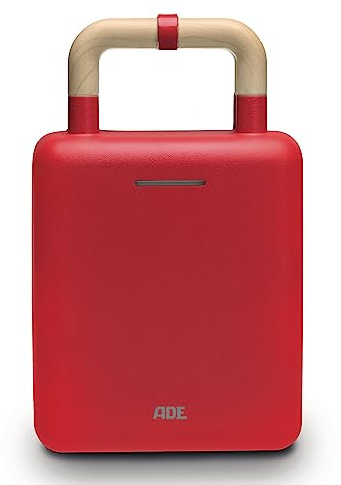 ADE Waffeleisen Sandwichmaker 2-in-1 KG2138-2 auswechselbare Platten, Sandwichtoaster mit Antihaftbeschichtung zum Backen und Toasten, Tragegriff mit Schließvorrichtung, mattes Farb-Finish rot