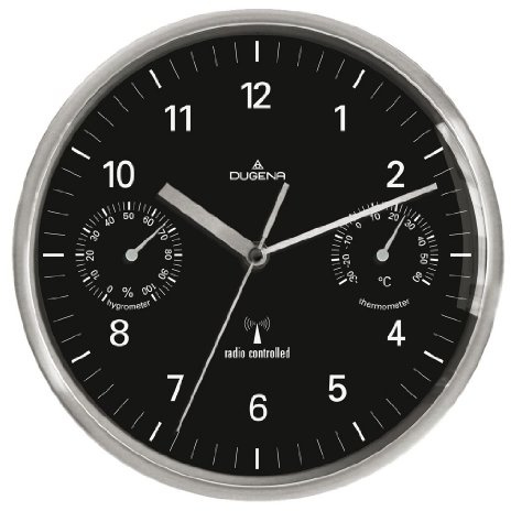 DUGENA Funk-Wanduhr 4277406 Aluminium Ø 30 cm – Präzise Funkuhr mit geräuschlosem Quarzuhrwerk, Schlichtes Design mit weißem Zifferblatt & schwarzem Rahmen, ideal für Büro, Küche