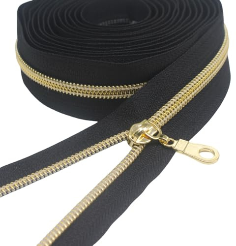 YaHoGa 9 m Golden endlos Reißverschluss Meterware 6mm-Spirale (Schwarz) | endlos Reißverschluss Meterware reissverschluss 6mm-Spirale + 25 Nonlock-Zipper