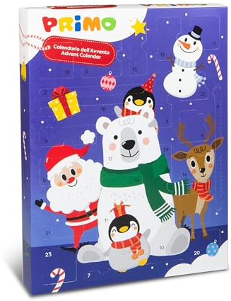 Primo - Calendario de Adviento 2025 Niños con 24 Productos de Papelería y Material Escolar + QR Code para Descargar Fichas Artísticas con Rotuladores, Plastilina, Temperas y Colores para Manualidades