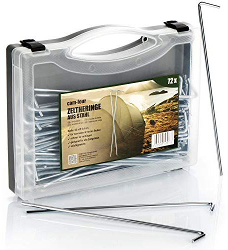 COM-FOUR® 72x Picchetti per tende in acciaio con scatola - picchetti da terra lunghi e robusti per campeggio e all'aperto per terreno normale - Ø 4 mm