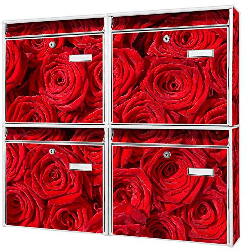 banjado Briefkastenanlage 4 Fach - Postkästen groß - verzinkter Stahl weiß DIN A4 Motiv Rosenbett - Briefkasten Set 4 Briefkästen Namensschild, 2 Schlüssel, Montagematerial