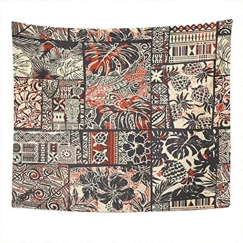 Shenywell Abstract Vintage Tapa Retro Tropical Tapestry Wall Hanging 50x60 Inch Hawaiian Hibiscus and Tribal Elements Fabric Patchwork Style Brown Pattern Decor for Bedroom Living Room Dorm