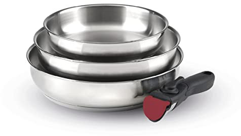 Qulinart by Brandt - Batterie de Cuisine à Induction 4 Pièces - Set de 3 Poêles en Inox 20, 24 et 26 cm avec Poignée Amovible - Acier Inoxydable - Lot pour Tout Feu - Sans PFOA - Argenté
