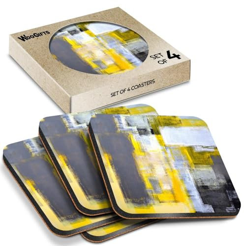 4 x Square Coasters - Grey Yellow Abstract Art Style Cork Backed MDF Glossy Tea Coffee Accessory #51105