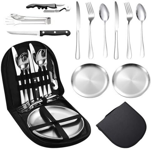 Campingbesteck Set für 2 Personen, Tragbares Edelstahl Outdoor Geschirr Set für Camping, Picknick und Reisen, mit Messer, Gabel, Löffel und Teller in Tragetasche (für 2 Personen)
