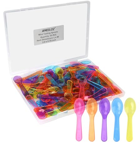 AMEILOZ 3 Mini Tasting Spoons Colored Disposables Small Taster Spoon, Tiny Dessert Spoon Assorted Ice Cream Spoons Multi-Color (1 Pack of 50 PCS)