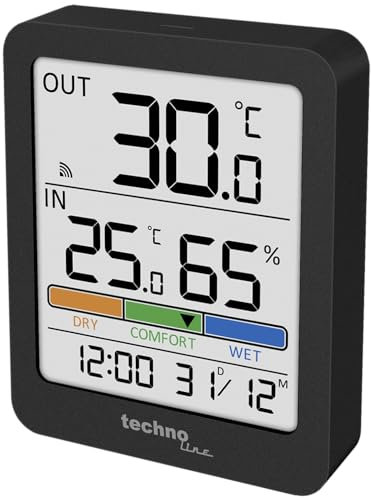 techno line WS9488 Thermp-Hygrometer, Thermometer, mit Außentemperatur, Komfortanzeige, Luftfeuchte, Innentemperatur, Hintergrundbeleuchtung, Uhrzeit