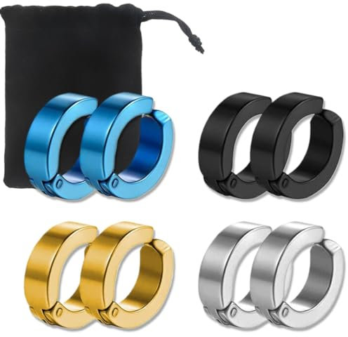 ZKGYUS 4 Paare Piercing Clip Ohrringe, Edelstahl, Non-Piercing, Creolen, Huggie Design, Silber, Schwarz, Gold, Blau