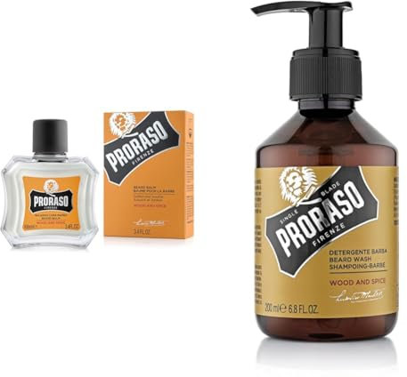Proraso Bálsamo barba, Wood and Spice, 100 ml, bálsamo barba hombre suavizante anti irritaciones, bálsamo para cuidado facial hombre & Champú barba Wood & Spice, 200 ml, champú hidratante profesional