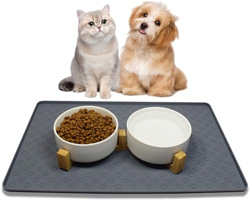 Nesirooh Kattskål, hundskål, keramik, dubbel matskål, matskål, vattenskål med bambustativ och halkfri matta för katter och små hundar (400 ml, 2-vit)