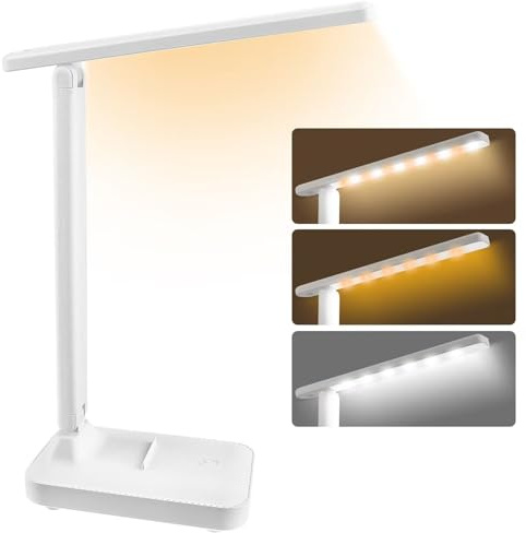 UKOFEW Schreibtischlampe, LED Dimmbare Tischlampe mit USB Ladeanschluss,Kabellos leselampe 3 Farben und 15%-100% Stufenloses Dimmen,Augenfreundliche Nachttischlampe für Kinder,Schlafzimmer,Büros(Weiß)