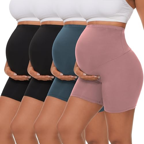 Dalavch 4 Pack Women's Maternity Yoga Shorts Over The Belly Pregnancy Biker Workout Active Athletic Pregnant Shorts 5” 2 Black 1 Pink 1 Blue Medium
