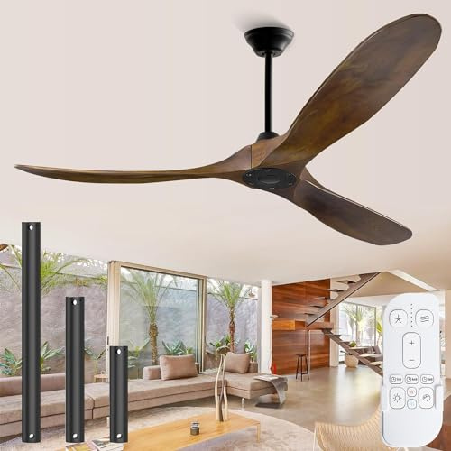 OUENGK Deckenventilator ohne Beleuchtung, Außen-Deckenventilator für die Terrasse, 132 cm Holz-Deckenventilatoren mit Fernbedienung, 3 nassfeste Flügel, großer Luftstrom für Innen und