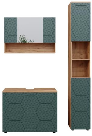Vicco Badmöbel-Set Grün/Goldkraft Eiche Irma, bestehend aus Bad Spiegelschrank, Waschbeckenunterschrank, Hochschrank - Versteckter Stauraum hinter eleganten Türen