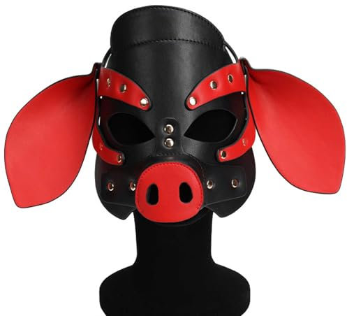 QgLust Schwein Maske Leder Einstellbar Kann mit SM-Requisiten kombiniert werden Tiermaske Schwein Masken Party Cosplay Kostüm Petplay Maske für Damen Herren Ledermaske für Partyspiele(Schwarz/Rot)