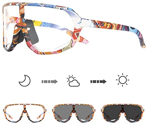 KAPVOE Selbsttönende Fahrradbrille UV400 TR90 Herren Damen K63 | Klar zu Rot photochromatisch CAT.1-CAT.2, UV400, Belüftung, leichter TR90