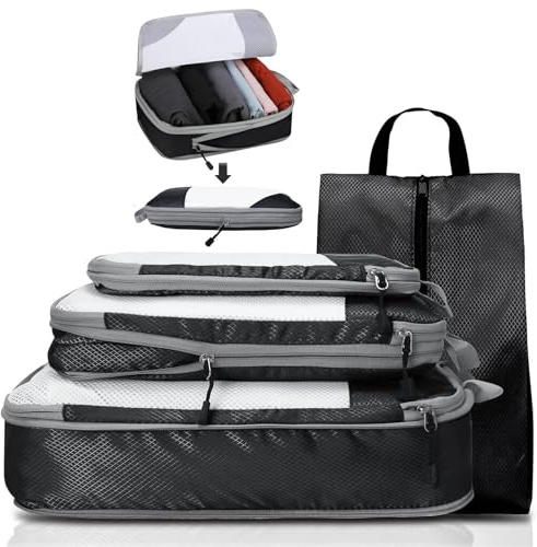 Packwürfel Set 4-teilig Kompression | 3 Größen (S/M/L) + Schuhbeutel | Koffer Organizer für Damen & Reisezubehör | Premium Kompressions-Packing Cubes mit Reißverschluss | Leicht & Wasserdicht