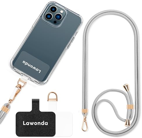 Lawonda Universal Handykette geeignet für iPhone 17 Pro Max alle Smartphones, Kette zum Umhängen um Hals & Handgelenk, Handyband mit jeder Hülle kombinierbar mit 2er Ersatz Einlage (Grau Gold)