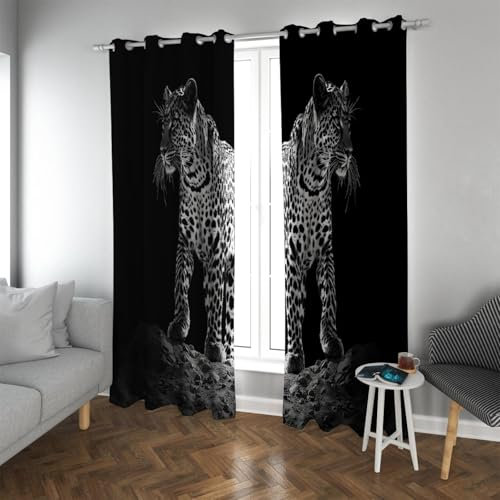 UIRINGART Schwarze Fenstervorhänge Wildlife Decor Verdunkelungsvorhänge Schöne Leopardenfenster Vorhänge für Wohnzimmer wärmeisolierte Vorhänge 2 Paneele H160xB168
