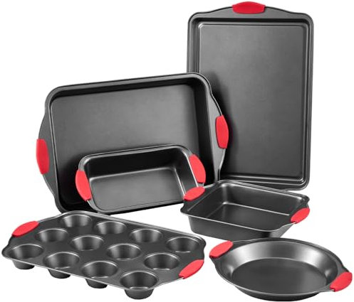 VEVOR Juego de Sartenes para Hornear, 6 uds, Bandejas y Hojas de Acero al Carbono Antiadherentes, Utensilios de Cocina Apilables para Horno con Asas de Silicona, para Hornear Galletas, Negro