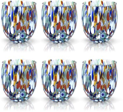 MAZZEGA ART & DESIGN - Lot de 6 verres à eau Arlecchino en verre soufflé et travaillé à la main avec des Murrine de Murano, ligne “Les Couleurs de Murano” 320 ml. Fabriqué en Italie (EAU, 6)