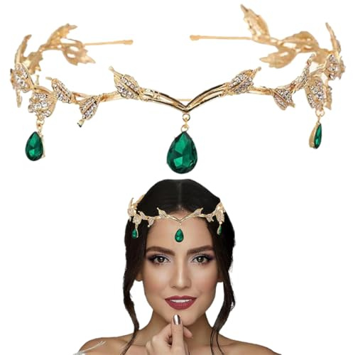 MIRKUZI Kostüm-Kopfbedeckungen 1 Stück Strass Braut Haarschmuck Elfen Kopfschmuck Elfenkrone Grüne Kristallkrone Elfenkrone verstellbar Kopfschmuck mit Blättern Geeignet für Rollenspiele Hochzeit