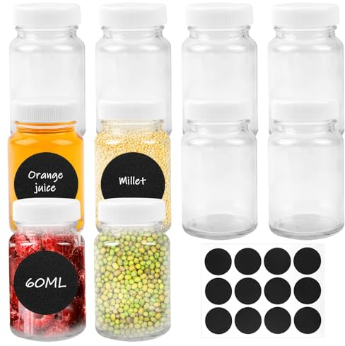 Hopton 10 Stück Shot Flaschen zum Befüllen 60ml, Breiter Mund Shotgläser mit Deckel, Kleine Leere Glasflaschen mit Etiketten für Ingwer Shot Saft Smoothie Whiskey und Gewürze